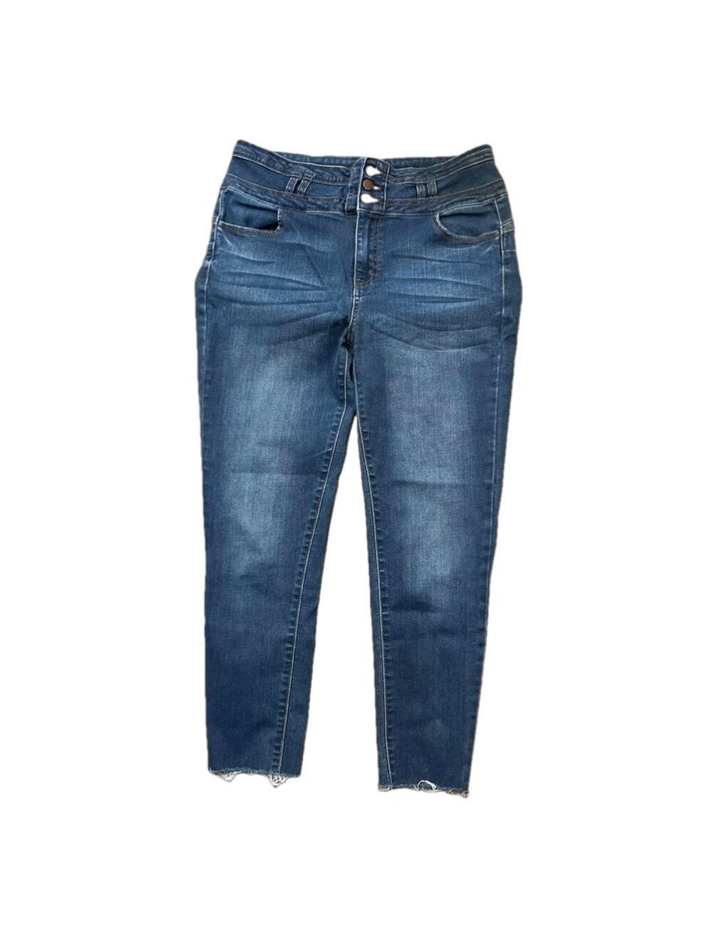 Wax jeans Sz 9 with raw hem and double belt loop detail, zip and 3 button close